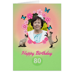 80th photo card with cats and butterflies,