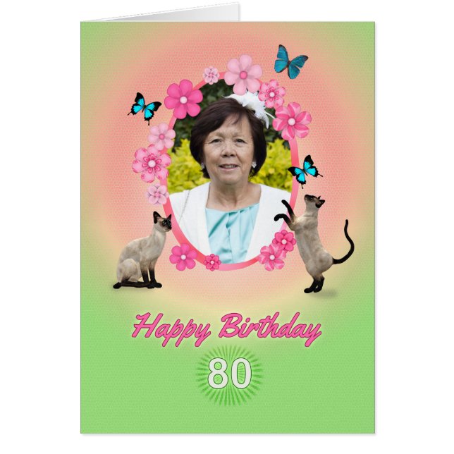 80th photo card with cats and butterflies, (Front)