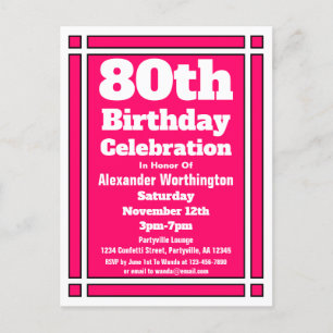80th Pink Simple Birthday Invite Postcard