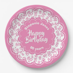 80th Pink/White Random Number Pattern Paper Plate