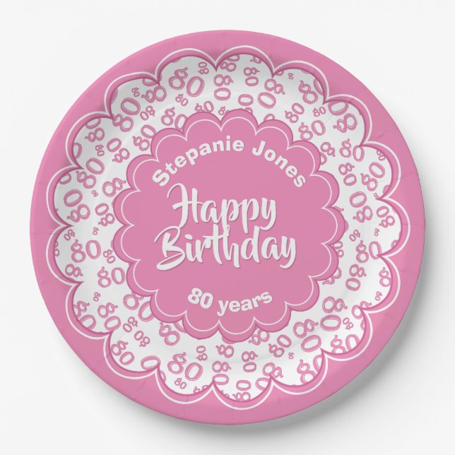 80th Pink/White Random Number Pattern Paper Plate (Front)