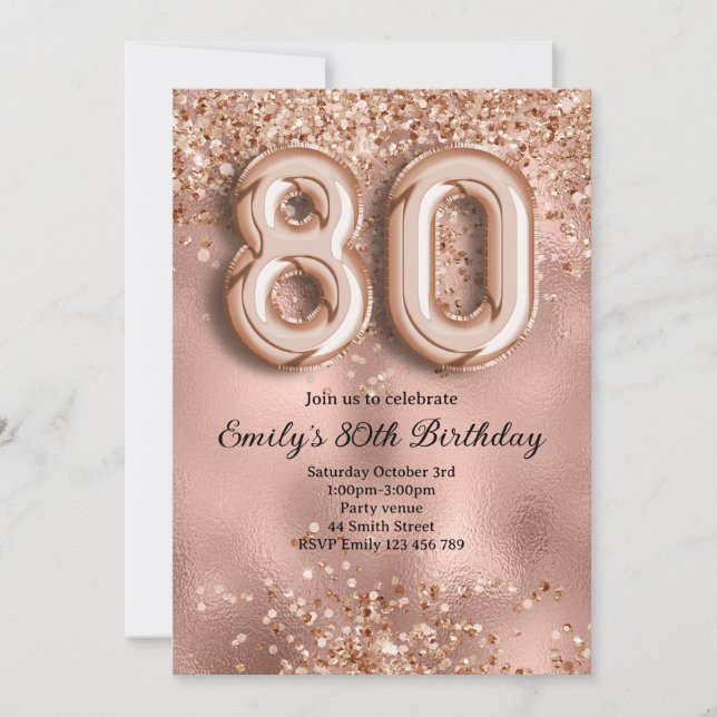 80th Rose Gold Glitter Birthday Invitation (Front)