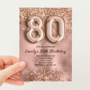 80th Rose Gold Glitter Birthday Invitation