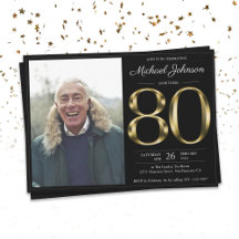 80th Solid Gold Text Black Classy Photo Birthday