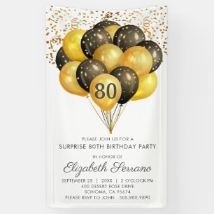 80th Surprise Birthday Black Gold Glitter Banner
