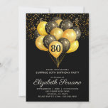 80th Surprise Birthday Black Gold Glitter  Invitation<br><div class="desc">Black and gold balloons And confetti 60th birthday party invite. Bold black and gold style design with modern script typeface. Customise for any age. 40,  50,  60,  70,  80,  90 and over.</div>