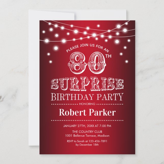 80th Surprise Birthday - Black Red White Invitation (Front)