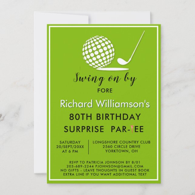 80th Surprise Birthday Party Men's Golf Theme Invitation (Front)