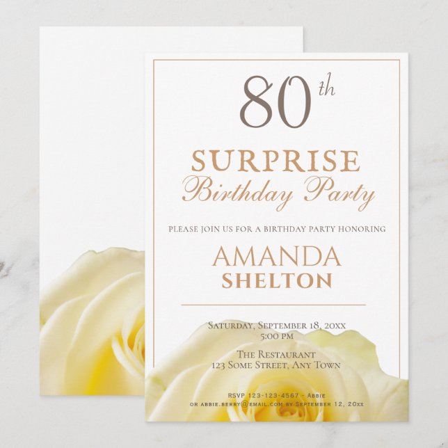 80th Surprise Birthday Party Yellow Rose Floral Invitation (Front/Back)