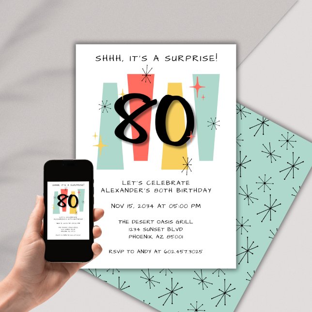 80th Surprise Birthday Retro Midcentury Modern Invitation (Creator Uploaded)