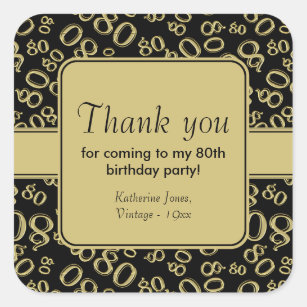 80th Thank You Black/Gold Birthday Number Pattern Square Sticker