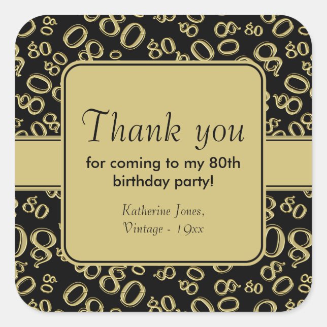 80th Thank You Black/Gold Birthday Number Pattern Square Sticker (Front)