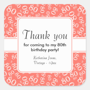 80th Thank You Coral/White Birthday Number Pattern Square Sticker