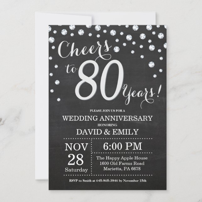 80th Wedding Anniversary Chalkboard Black Silver Invitation (Front)