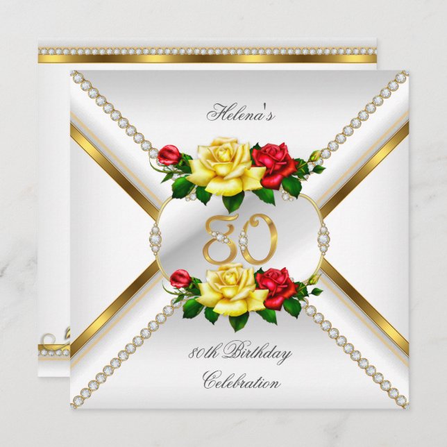80th Women's Birthday Party Red Yellow Roses Invitation (Front/Back)