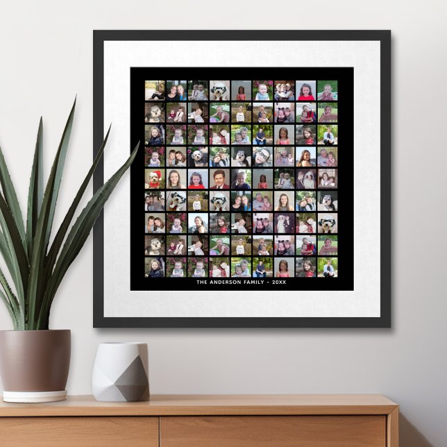 81 Square Photo Collage Grid with Text - black Poster (Custom Poster with Photo Collage)