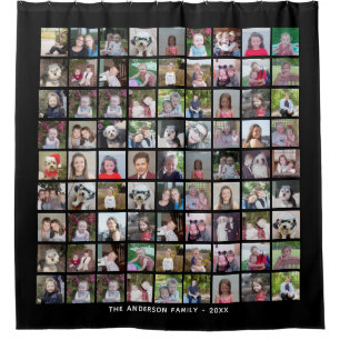 81 Square Photo Collage Grid with Text - black Shower Curtain