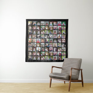 81 Square Photo Collage Grid with Text - black Tapestry