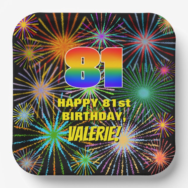 81st Birthday: Colourful, Fun Celebratory Firework Paper Plate (Front)