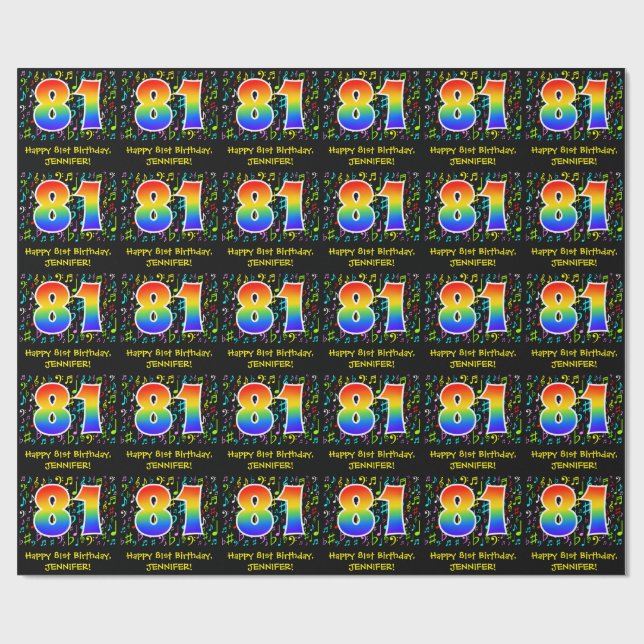 81st Birthday: Colourful Music Symbols, Rainbow 81 Wrapping Paper (Flat)