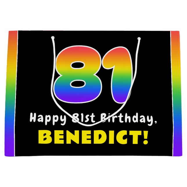 81st Birthday: Colourful Rainbow # 81, Custom Name Large Gift Bag (Front)