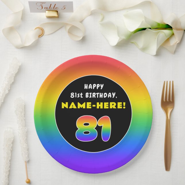 81st Birthday: Colourful Rainbow # 81, Custom Name Paper Plate (Wedding)
