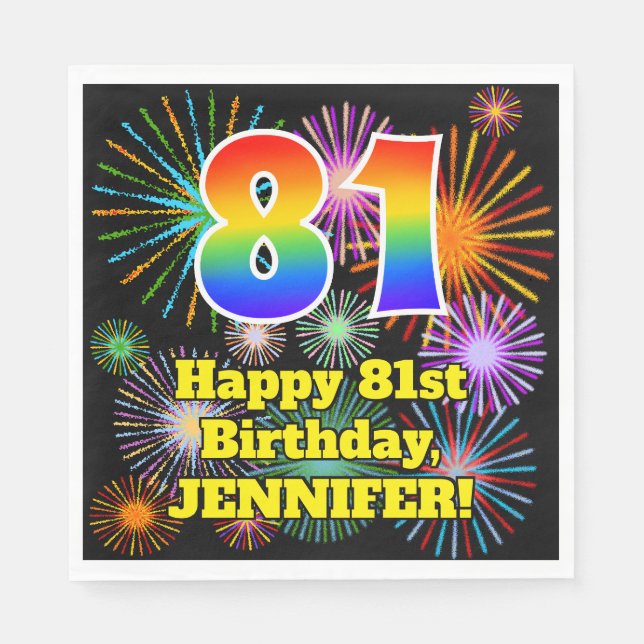 81st Birthday: Fun Fireworks Pattern + Rainbow 81 Napkin (Front)