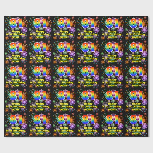 81st Birthday: Fun Fireworks, Rainbow Look # “81” Wrapping Paper (Flat)