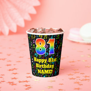 81st Birthday: Fun Music Notes Pattern, Rainbow 81 Paper Cups