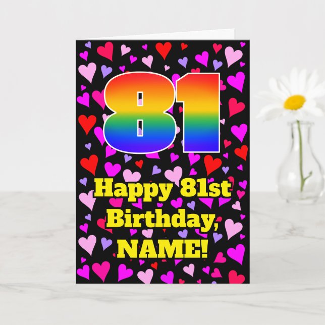 81st Birthday: Loving Hearts Pattern, Rainbow # 81 Card (Small Plant)