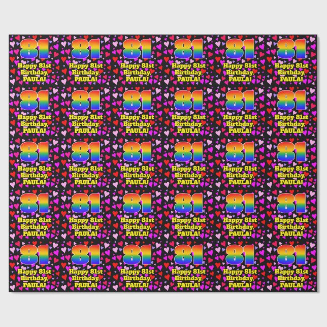 81st Birthday: Loving Hearts Pattern, Rainbow # 81 Wrapping Paper (Flat)