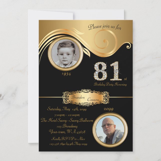 81st,Birthday Man 81st,elegant art deco,black gold Invitation (Front)