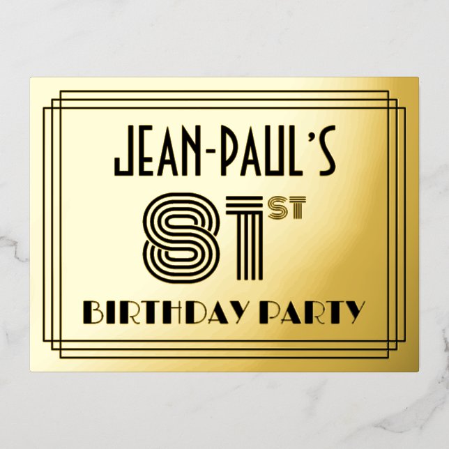 81st Birthday Party ~ Art Deco Style “81” + Name Foil Invitation Postcard (Front)