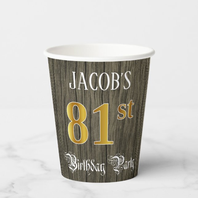 81st Birthday Party — Faux Gold & Faux Wood Looks Paper Cups (Back)
