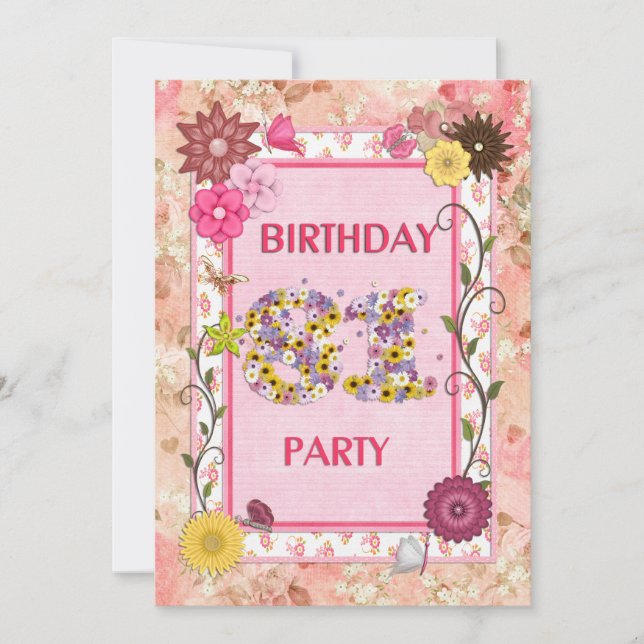 81st birthday party invitation with floral frame (Front)