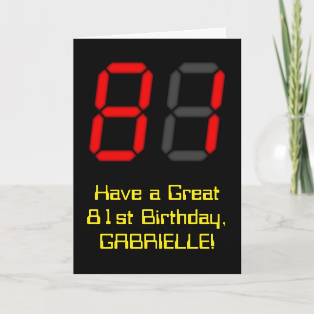 81st Birthday: Red Digital Clock Style "81" + Name Card (Front)