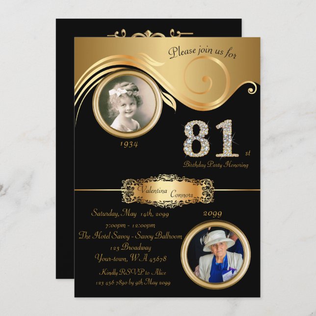 81st,Birthday Woman 81st,elegant art deco,black Invitation (Front/Back)