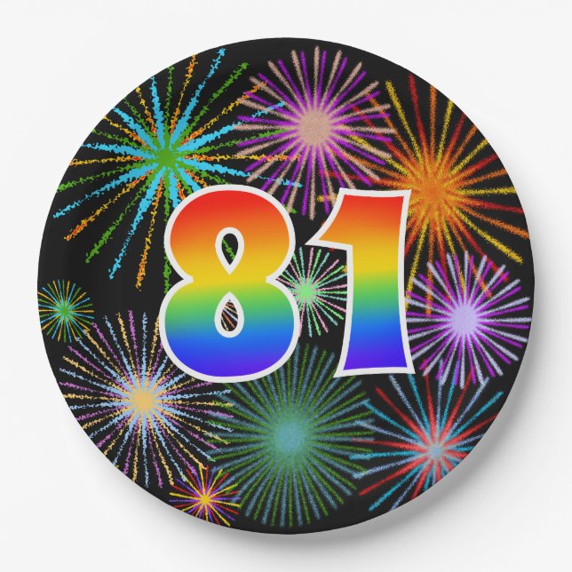 81st Event - Fun, Colourful, Bold, Rainbow 81 Paper Plate (Front)