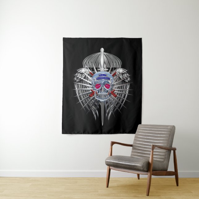 82nd Airborne Stunning Silver Skull Metallic Wings Tapestry (In Situ)
