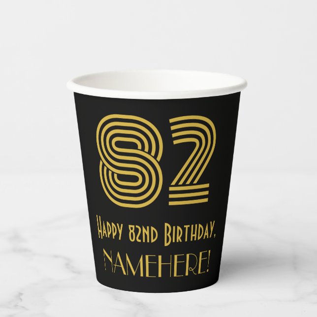 82nd Birthday: Art Deco Inspired Look “82” & Name Paper Cups (Front)