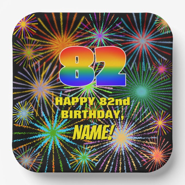 82nd Birthday: Colourful, Fun Celebratory Firework Paper Plate (Front)