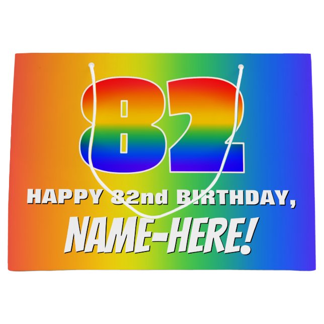 82nd Birthday: Colourful, Fun Rainbow Pattern # 82 Large Gift Bag (Front)