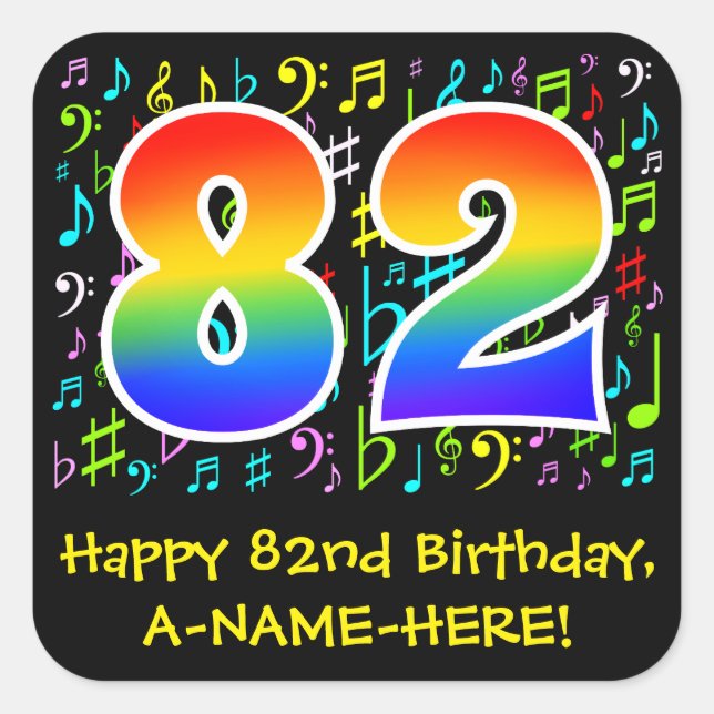 82nd Birthday: Colourful Music Symbols, Rainbow 82 Square Sticker (Front)