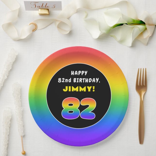 82nd Birthday: Colourful Rainbow # 82, Custom Name Paper Plate (Wedding)