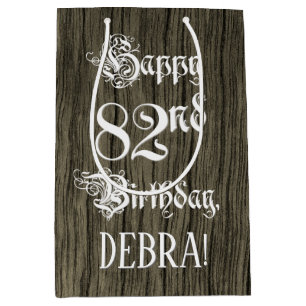 82nd Birthday: Fancy, Faux Wood Look + Custom Name Medium Gift Bag