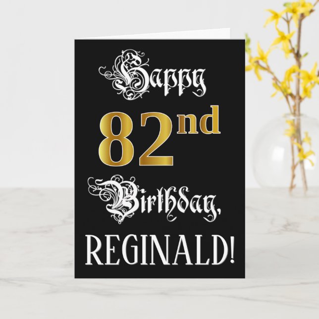 82nd Birthday — Fancy Script; Faux Gold Look; Name Card (Yellow Flower)