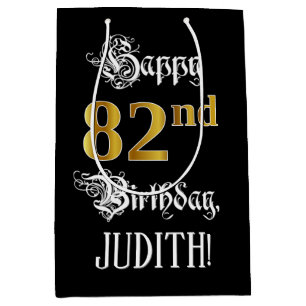82nd Birthday ~ Fancy Script; Faux Gold Look; Name Medium Gift Bag