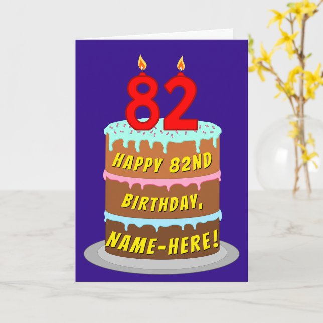 82nd Birthday: Fun Cake and Candles + Custom Name Card (Yellow Flower)