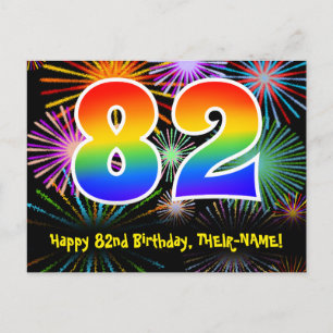 82nd Birthday – Fun Fireworks Pattern + Rainbow 82 Postcard
