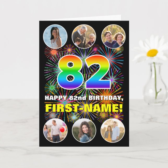 82nd Birthday: Fun Rainbow #, Custom Name & Photos Card (Small Plant)